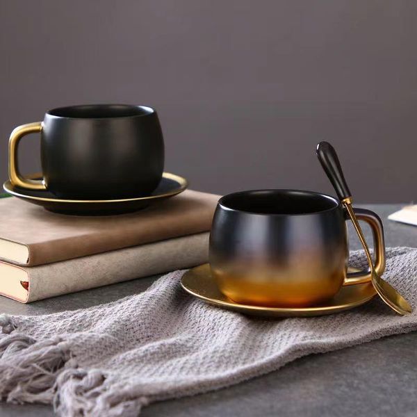 

mugs luxury black gold ceramic coffee cup espresso tea breakfast milk and saucer set with spoon gift box