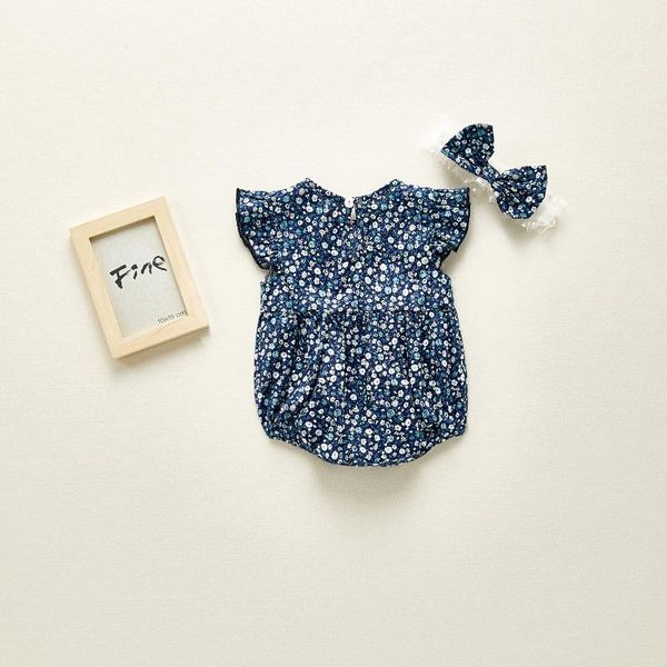 

jumpsuits 7601 summer baby girl's floral longsleve rompers girls cotton one-piece climbing suit with hair band 0-3 years clothes, Blue