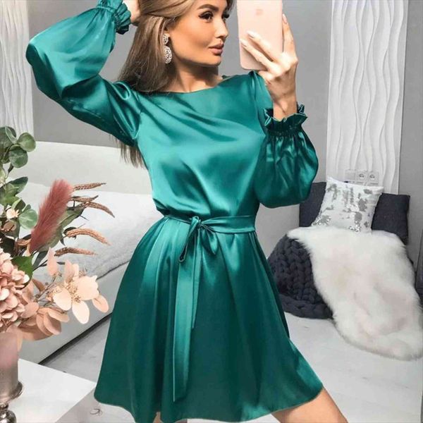 

casual lantern sleeve o neck women dresses belt a line high waist satin elegant mini chic, Black;gray