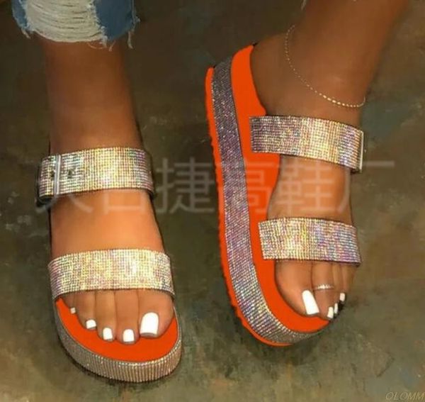 

slippers spring/summer 2021 women double-layer rhinestone buckle sandals outside wild beach ladies leisure home travel flip flop, Black