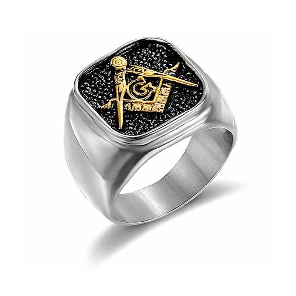 

cluster rings hip hop rhinestones paved stainless steel masonic for men ason symbol g templar asonry male silver gold, Golden;silver