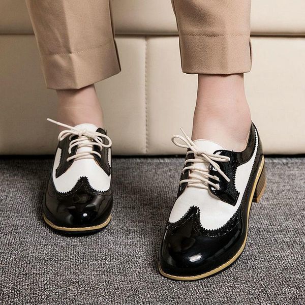 

dress shoes women oxford wingtip pumps lace up two tone multicolor low square heel casual ladies size 33-43, Black
