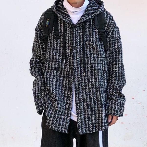 

men's jackets jacket 2021 spring and autumn retro base layered plaid loose oversize cardigan hooded for men women, Black;brown