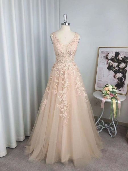 

real image tulle a line long prom dresses v neck lace applique evening party gowns zipper back bride formal robe de marrige, Black