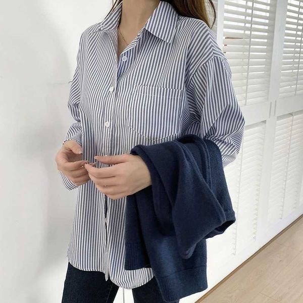 

spring fashion elegant shirts women's long sleeve french striped and blouse office lady 210607, White