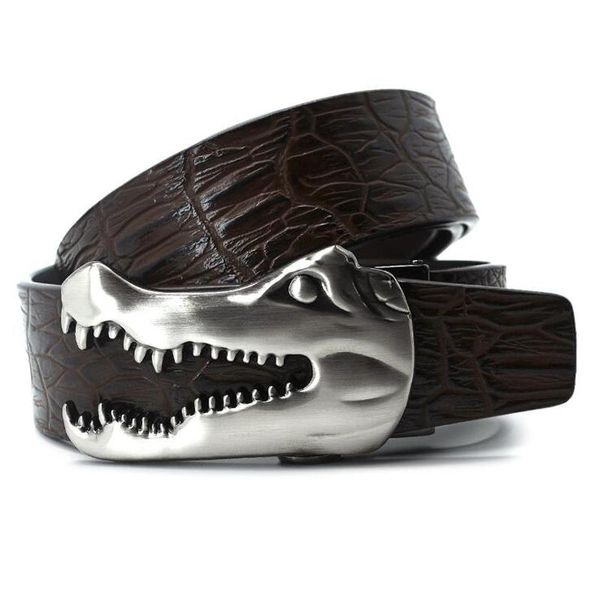 

metal crocodile buckle men slit leather belt business casaul alligator belts black brown 125cm zh507