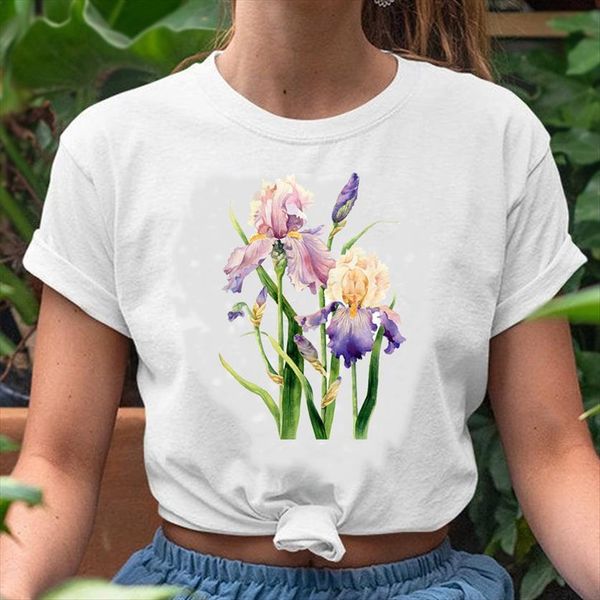 

graphic floral flower womens short sleeve fashion watercolor 90s spring summer print female lady clothes tees t shirt, White