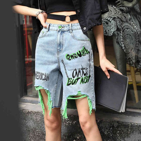 

women's jeans denim shorts tuogu fashion brand women's clothes summer ins printed hole wide leg pants women sqqz, Blue