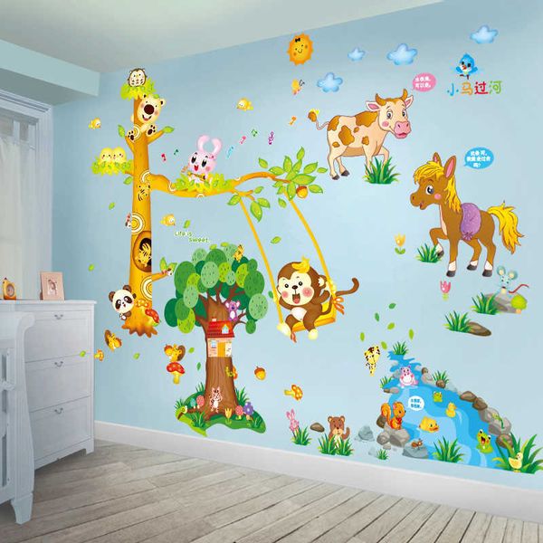 [ShijueKongjian] Cartoon Baum Wandaufkleber DIY Affe Pferd Tier Wandtattoos Für Haus Baby Zimmer Kinder Schlafzimmer Dekoration 210705