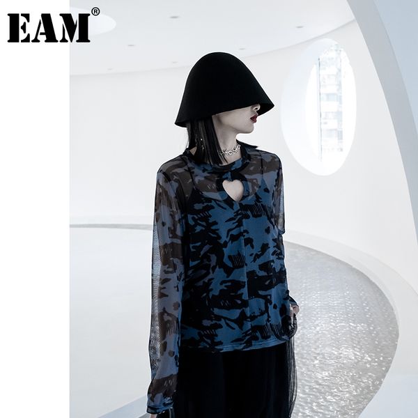 

[eam] women black camouflage hollow out turtleneck t-shirt round neck long sleeve fashion spring autumn 1dd5959 210512, White