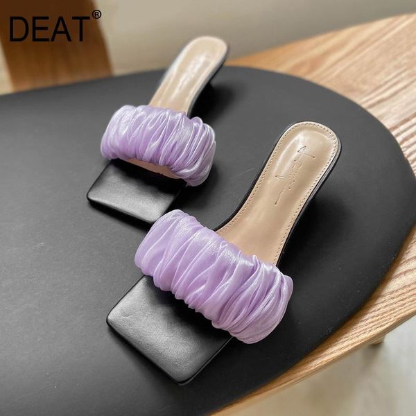 

slippers [deat] 2021 spring summer square toe shallow pleated lace mesh simple high heels women shoes fashion tide 10i714, Black