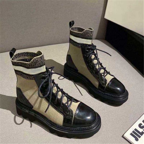

boots splice embroidery motorcycle thick-heel short sock platform mid-tube lace-up women's shoes, Black