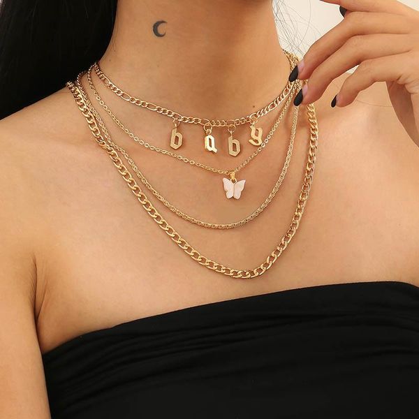 

vintage multilayer thick chains baby letters butterfly charm necklace women temperament geometric party jewelry pendant necklaces, Silver