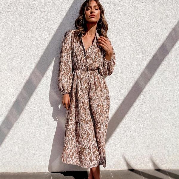 

casual dresses deep v neck long sleeve midi dress women autumn print boho vintage loose for woman robe femme, Black;gray