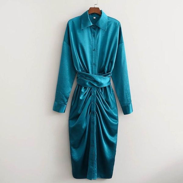 

casual dresses loose ruched satin dress women autumn 2021 fashion long sleeve sash mid-calf female vestidos wide clothing, Black;gray
