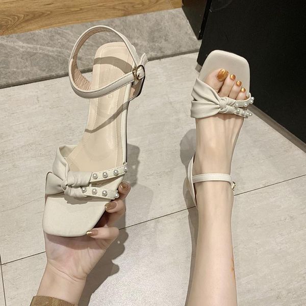 

sandals pearl block heels med all-match female shoe 2021 summer chunky medium girls retro high bow fashion comfort beige sca, Black