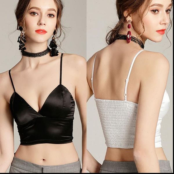 

satin crop women tank wireless bralette crochet spaghetti strap t shirt cropped with chest padded camisole, White
