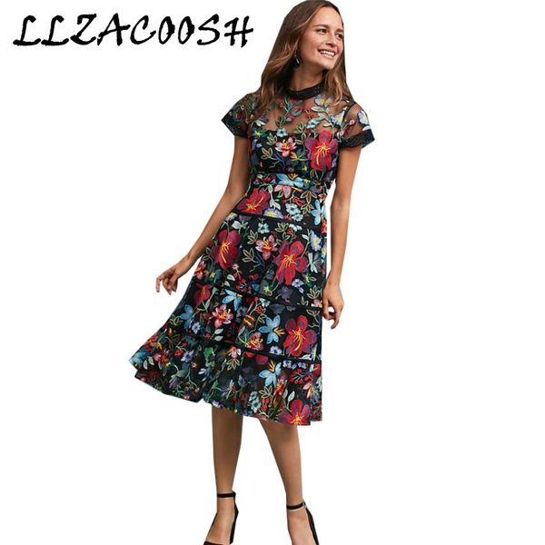 

self portrait dress flower embroidery lace women summer runway robe de soiree longue short sleeve casual party dresses 210514, Black;gray