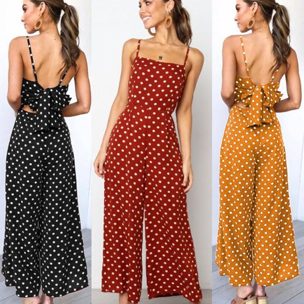 

women's jumpsuits & rompers 2021 summer elegant women sleeveless polka dots casual loose wide leg trousers holiday backless bow overall, Black;white