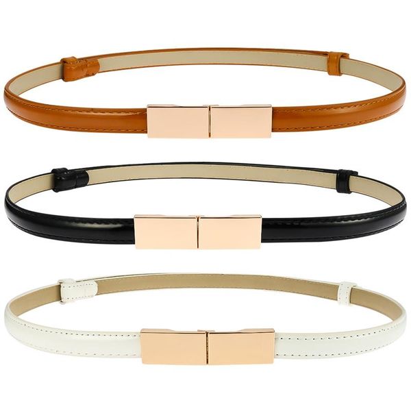 

women white skinny leather belt patent thin waist fashion for dresses with gold buckle belts, Black;brown