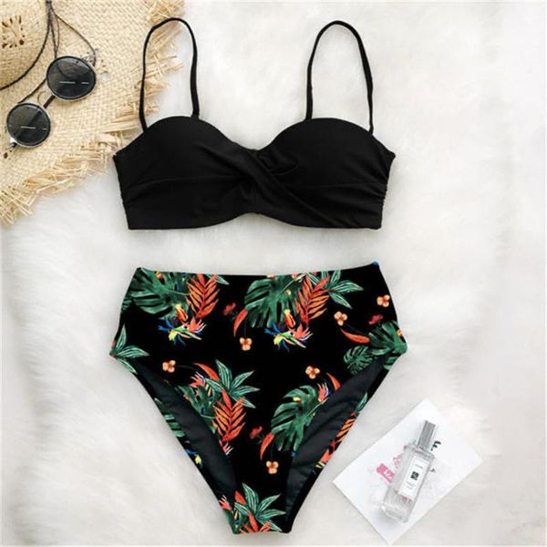 

bikini 2021 swimsuit women swimwear push up bikinis set leaf print female high waist bathing suit for beach wear women's, White;black