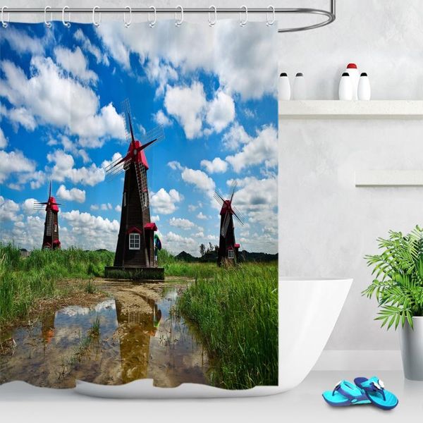 

shower curtains lb blue sky white clouds red brown dutch windmill tower bathroom waterproof curtain 12 hooks sets polyester cloth fabric