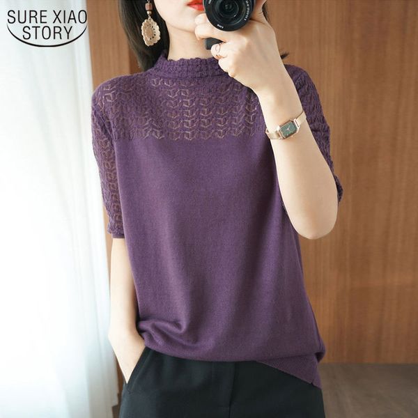 Sommer Frauen gestrickte Kurzarm dünne Pullover weibliche aushöhlen Spitze Rollkragenpullover Damen stricken Baumwolle lila Jumper 13774 210508