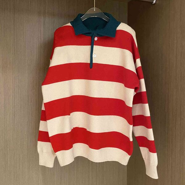 

21 early autumn new gu + polo collar color blocking casual stripe embroidered sweater for men and women, Black;gray
