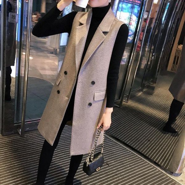 

women's vests 2021 autumn winter wool long vest sleeveless jacket coat women woolen waistcoat female slim double breasted outwear y307, Black;white