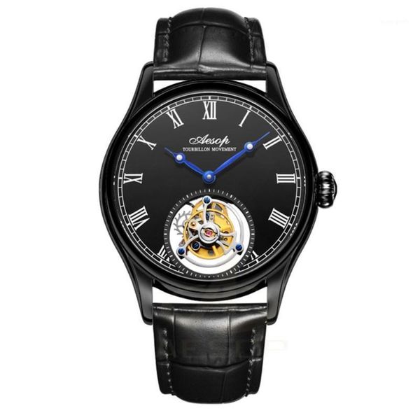 

high-end aesop flying tourbillon men's mechanical watches sapphire glass clock man skeleton 1963 male wristwatch wristwatches, Slivery;brown