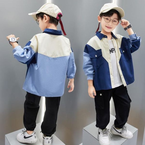 

jackets children clothing boys casual shirt autumn teenagers contrast color stitching long-sleeved kids outerwear, Blue;gray