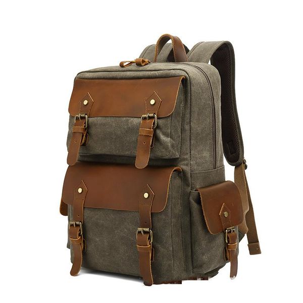 

backpack travel bag crazy horse leather casual men's shoulder waxed canvas bags