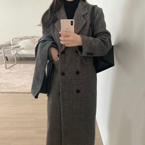 

women's wool & blends korean women coat chic autumn suit collar double breasted loose pocket cardigan knee length tweed, Black