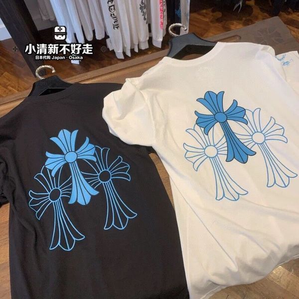 

hearts summer blue chrome cross print short sleeve t-shirt for men and women, White;black