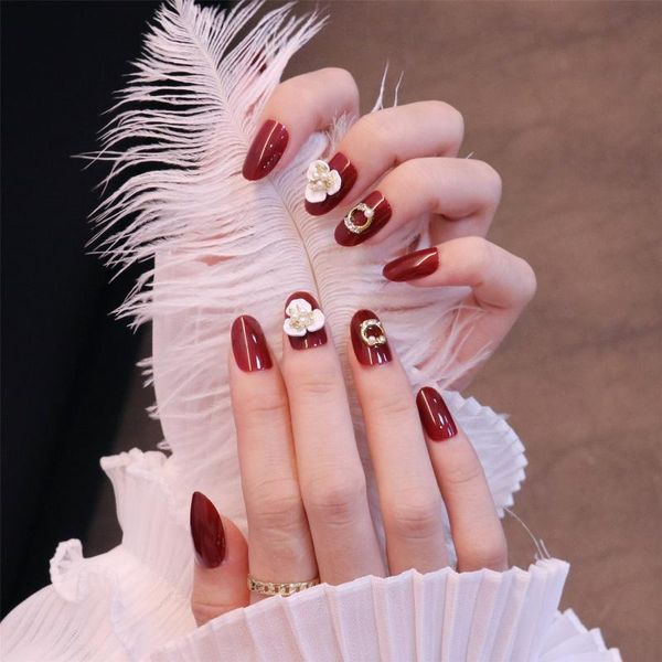 

false nails 24pcs pink flower shape wear short paragraph fashion manicure patch save time wearable nail teea889, Red;gold
