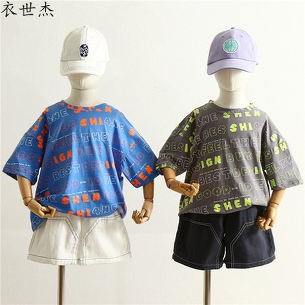 

2022 summer boys full printed contrasting letter short sleeve t-shirt childrens handsome t-shirt, Blue