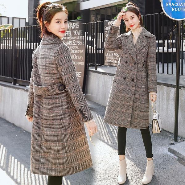 

women's wool & blends woolen jacket mid-length korean version 2021autumn winter coat ladies plaid overcoat suit collar outwear female, Black