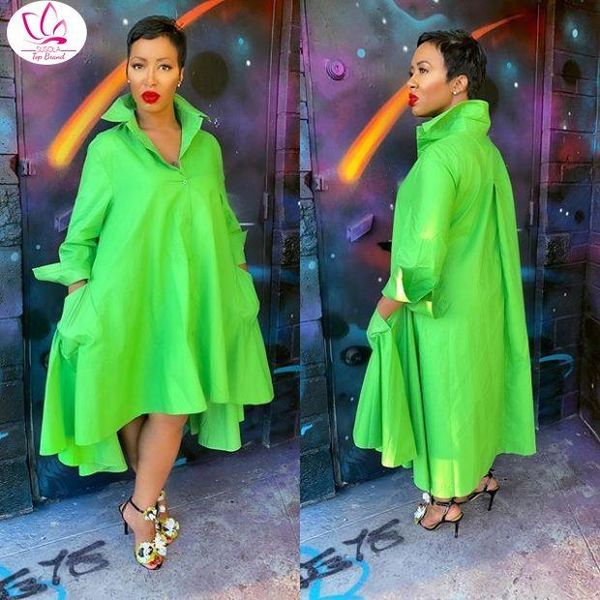 

casual dresses green women long shirts dress 2021 summer loose female midi robe ruffles daily african vestiods, Black;gray