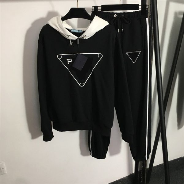 

leisure hooded long sleeve pullover tracksuits triangle embroidery letter color elastic waist pants 2 piece set, Gray