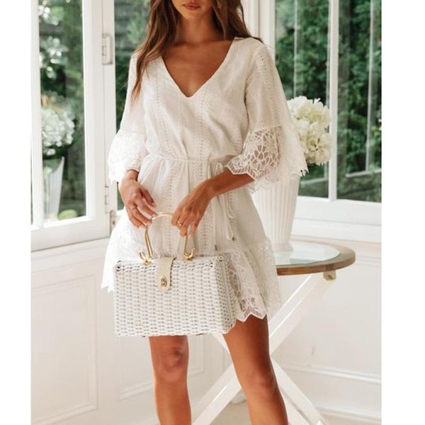 

casual dresses women v-neck summer dress half sleeve lace patchwork tie party sundress shift vestidos white, Black;gray