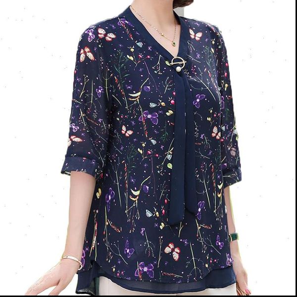 

elegant fashion middle aged womens shirt mother summer v neck bandage printing chiffon blouse plus size 5xl k376, White