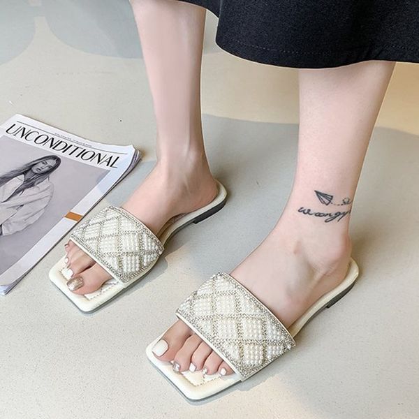 

sandals crystal flat women slippers summer soft bottom non-slip beach slides woman square toe comfort casual shoes flip flops rnhh, Black