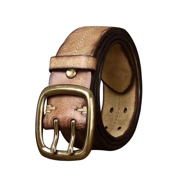 

belts retro personalized trendy distressed double pin buckle belt men's genuine leather pure cowhide, Black;brown