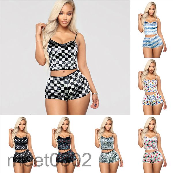 

women's tracksuits 2021 new designer night club cut out print slim fitting velvet two-piece sets fashion casual sling shorts nightwear, Gray