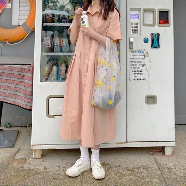 

college style pleated shirt collar pink loose short-sleeved small fresh slim dress youthful cute casual and comfortable girl's dresses, Red;yellow