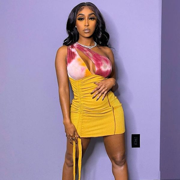 

casual dresses womens one shoulder short dress fashion tie-dye contrast color hollow drawstring ruched skinny summer beach party, Black;gray