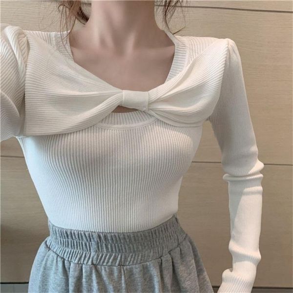 

women's sweaters sweet chic bow patchwork design sweater elegant fashion long sleeve knitted pullover 2021 autumn woman, White;black