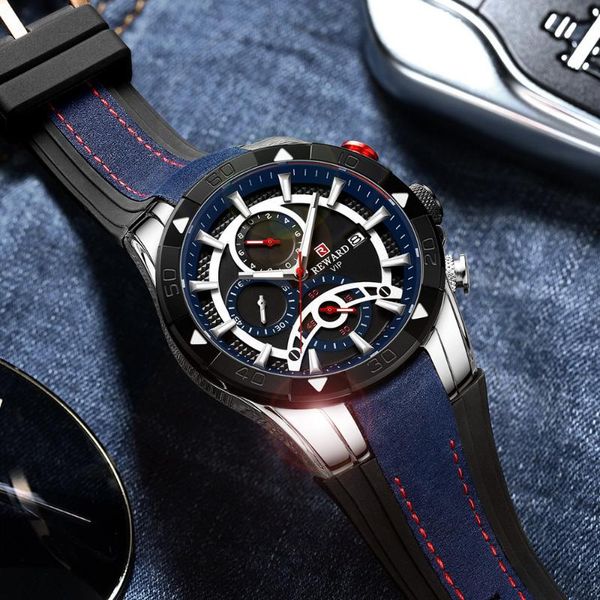 

wristwatches luxury men's military chronograph watch fashion leather-silicone strap sports wrist waterproof clock relogio masculino, Slivery;brown