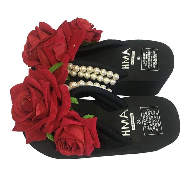 

slippers jaycosin summer beach shoes woman flip flops women platform slip on pearl floral casual womens, Black