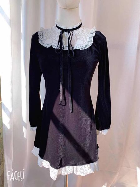 

2021s xl new autumn dress girls female vintage long sleeve women dresses robe vestido velvet black christmas party dress evening, Black;gray